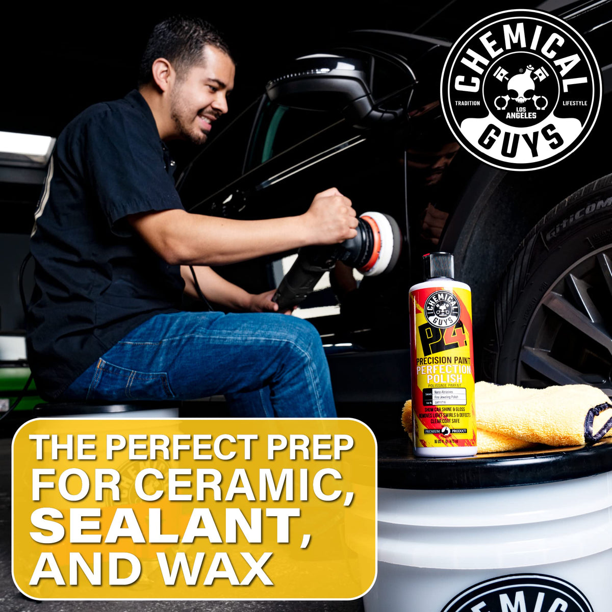 Chemical Guys P4 bottle on a detailer workbench showing professional use