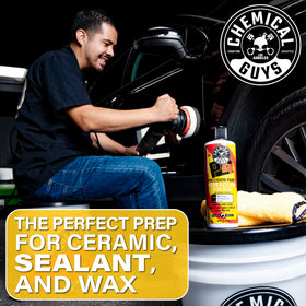Chemical Guys P4 bottle on a detailer workbench showing professional use