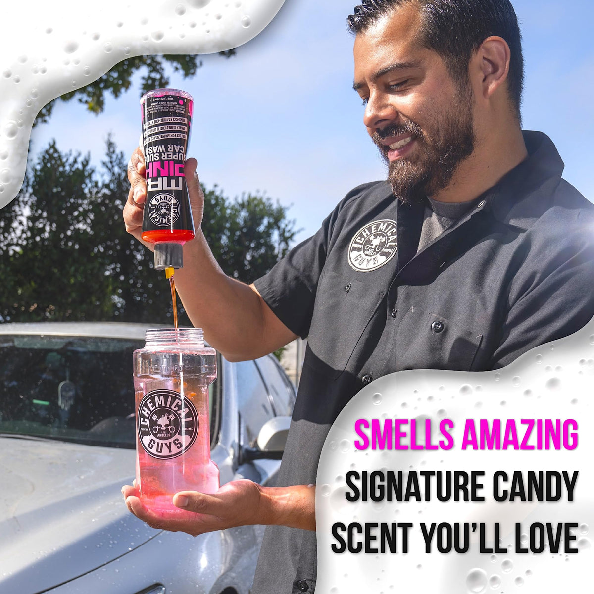 Chemical Guys products staged in driveway for enjoyable maintenance washes