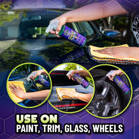 Spray on painted car panel with Chemical Guys revealing added gloss