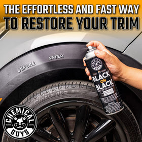 Chemical Guys before-and-after bumper split showing restored dark finish benefit