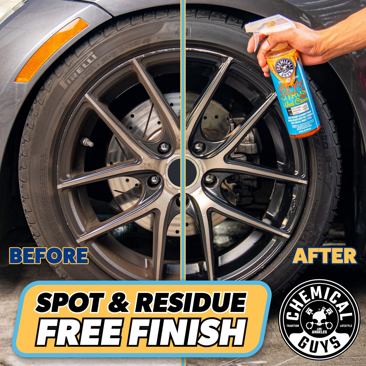 Rinsed wheel after Chemical Guys use showing restored shine and residue-free finish