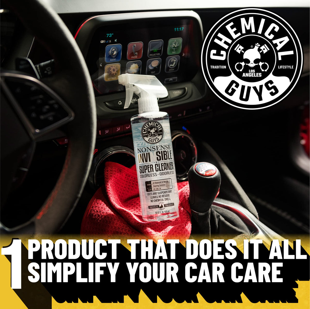 Chemical Guys bottle next to hand showing size and one-handed use benefit