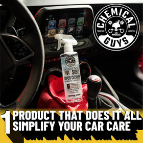 Chemical Guys bottle next to hand showing size and one-handed use benefit