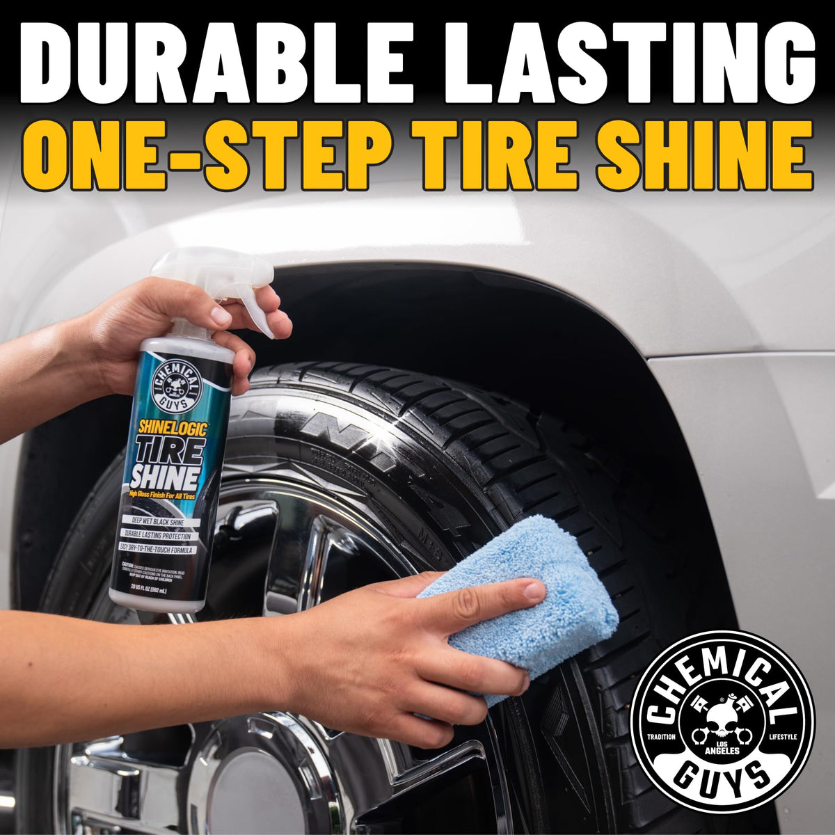 Chemical Guys before and after tire transformation showing restored deep black contrast