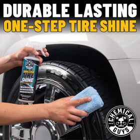 Chemical Guys before and after tire transformation showing restored deep black contrast