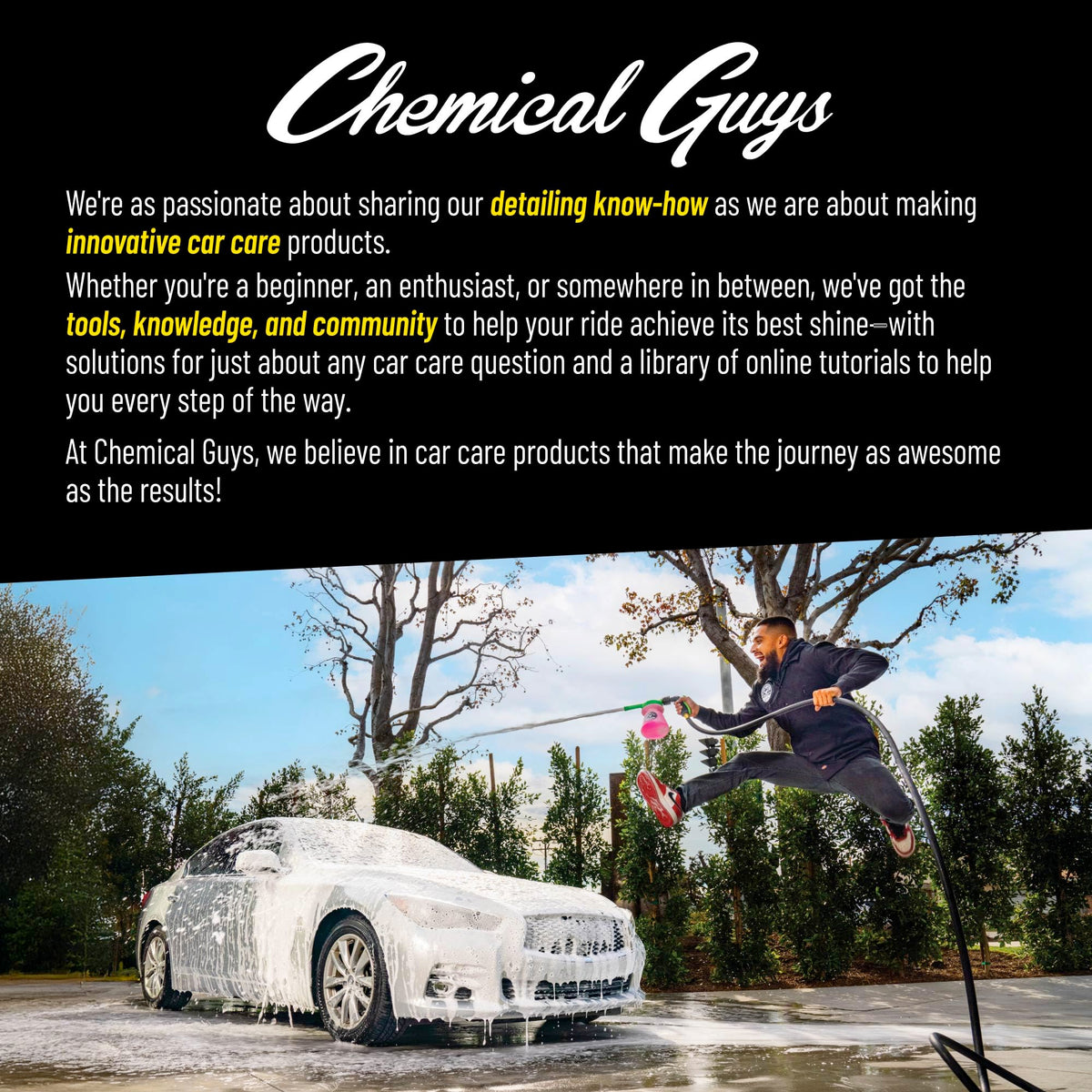 Chemical Guys in detailing bay with technician using product showing professional finish benefit