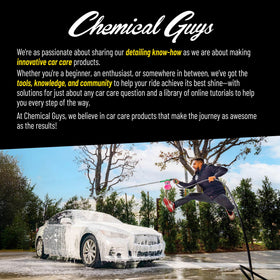 Chemical Guys in detailing bay with technician using product showing professional finish benefit