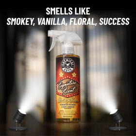 Chemical Guys bottle spraying mist demonstrating quick freshening benefit