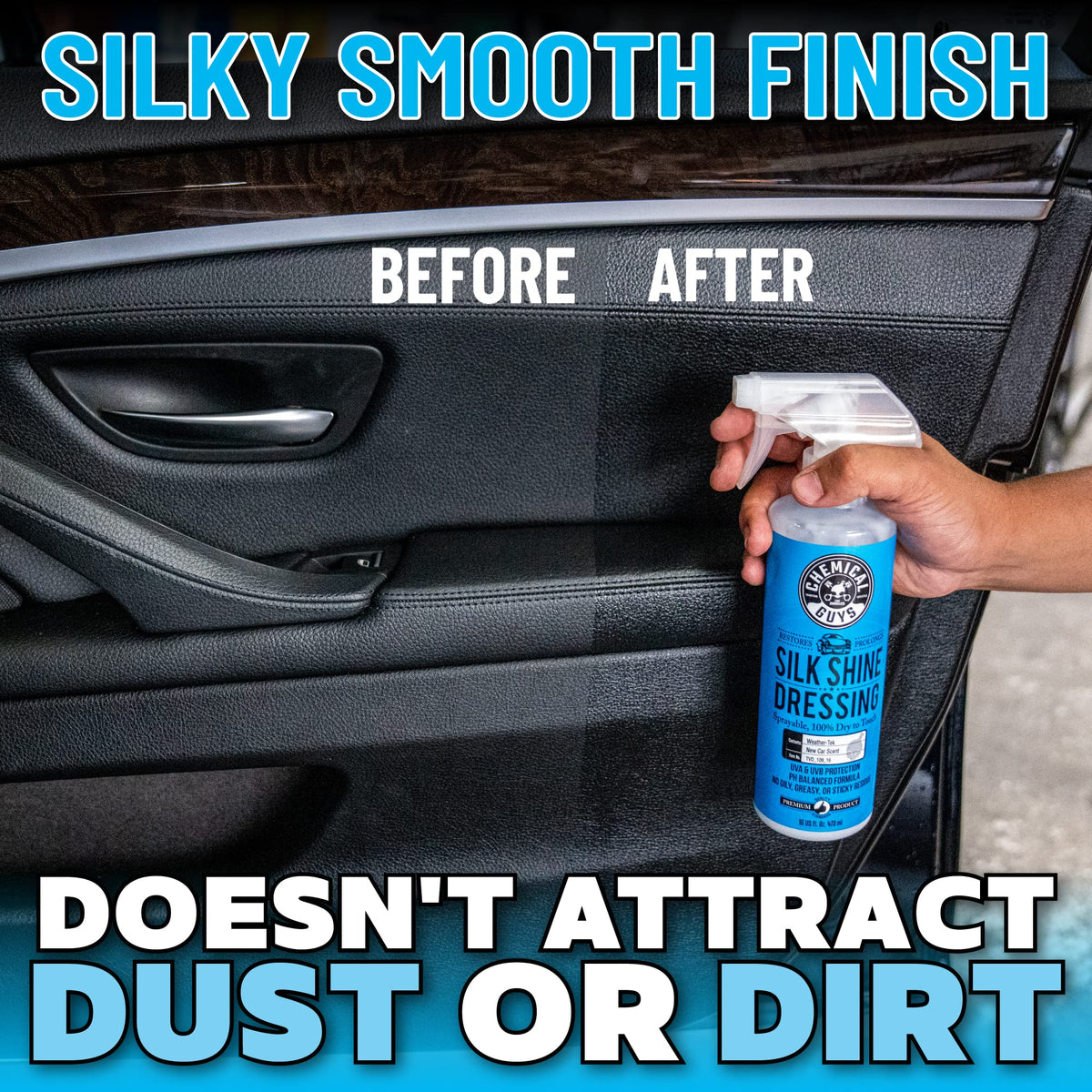 Chemical Guys before and after on dashboard showing revived color