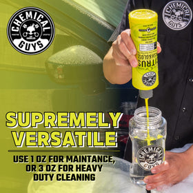 Chemical Guys bottle held in hands to show 64 oz size and value