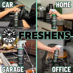 Chemical Guys bottle next to hand to show compact, travel-friendly size