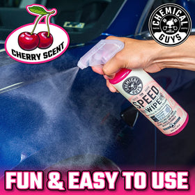 Close-up of Chemical Guys cherry-scent label highlighting pleasant fragrance benefit