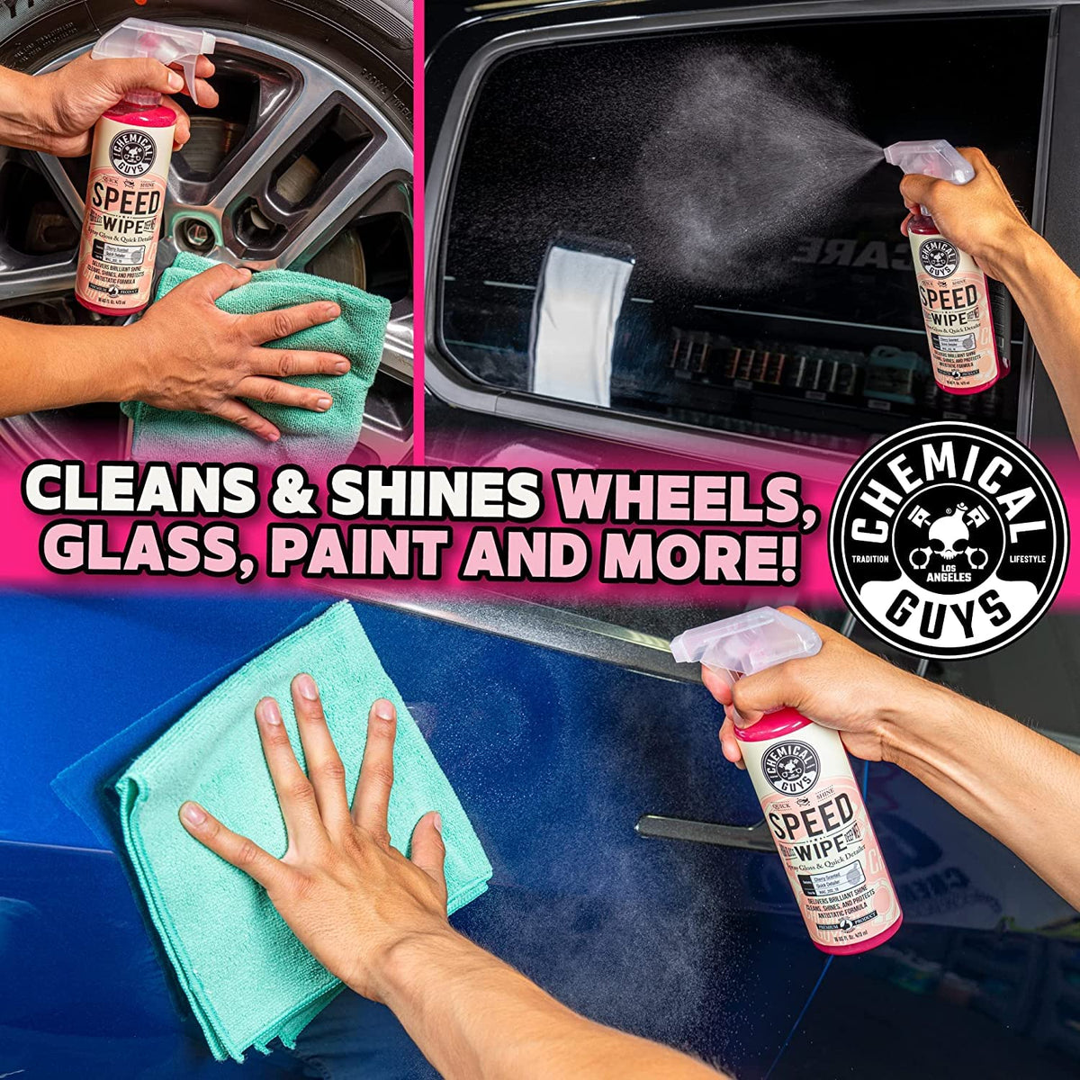 Chemical Guys being applied to glass showing streak-free clarity benefit