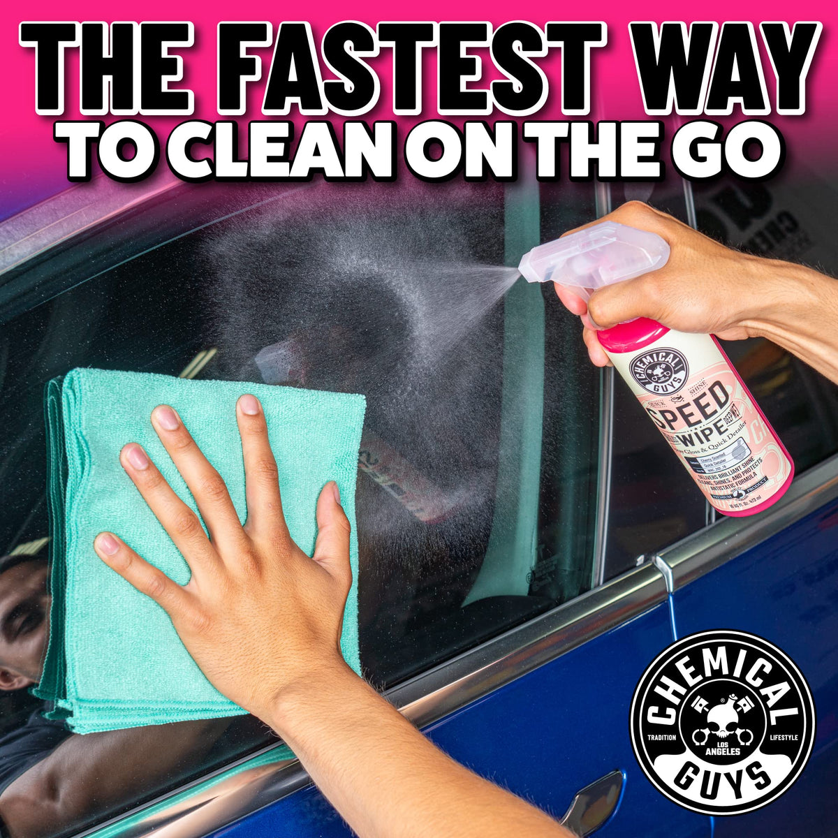 Chemical Guys spray action on car hood for fast detailing benefit
