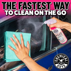 Chemical Guys spray action on car hood for fast detailing benefit