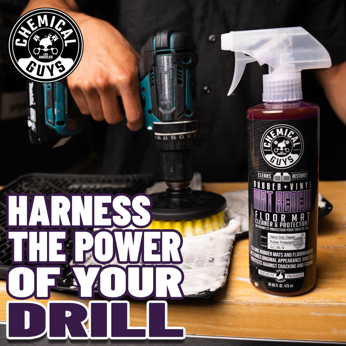 Chemical Guys medium-duty spinner brush close-up highlights durable bristles for deep cleaning