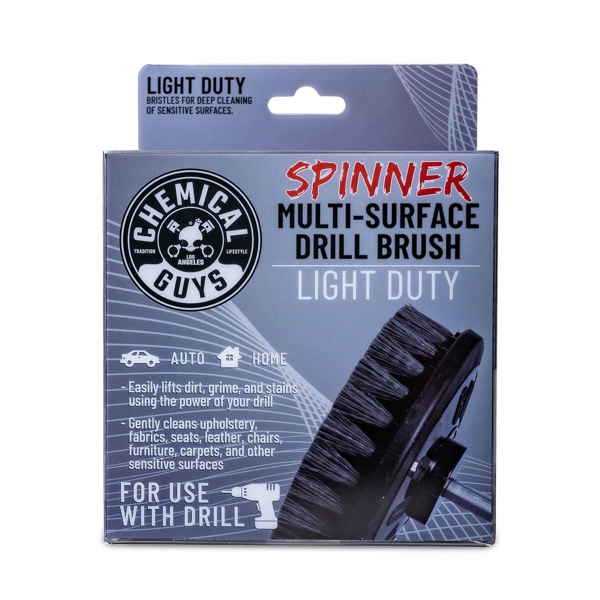 Chemical Guys brush mounted in a drill during use, saves manual scrubbing time