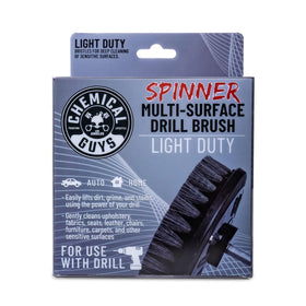 Chemical Guys brush mounted in a drill during use, saves manual scrubbing time