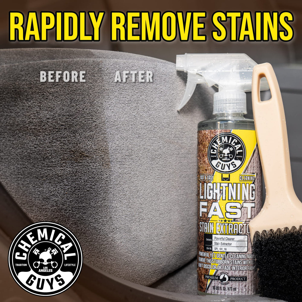 Chemical Guys being sprayed on a car seat for quick stain removal