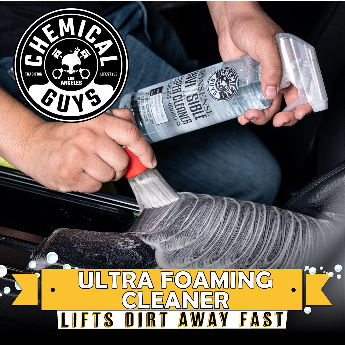 Chemical Guys being sprayed onto car upholstery illustrating safe fabric cleaning
