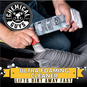 Chemical Guys being sprayed onto car upholstery illustrating safe fabric cleaning