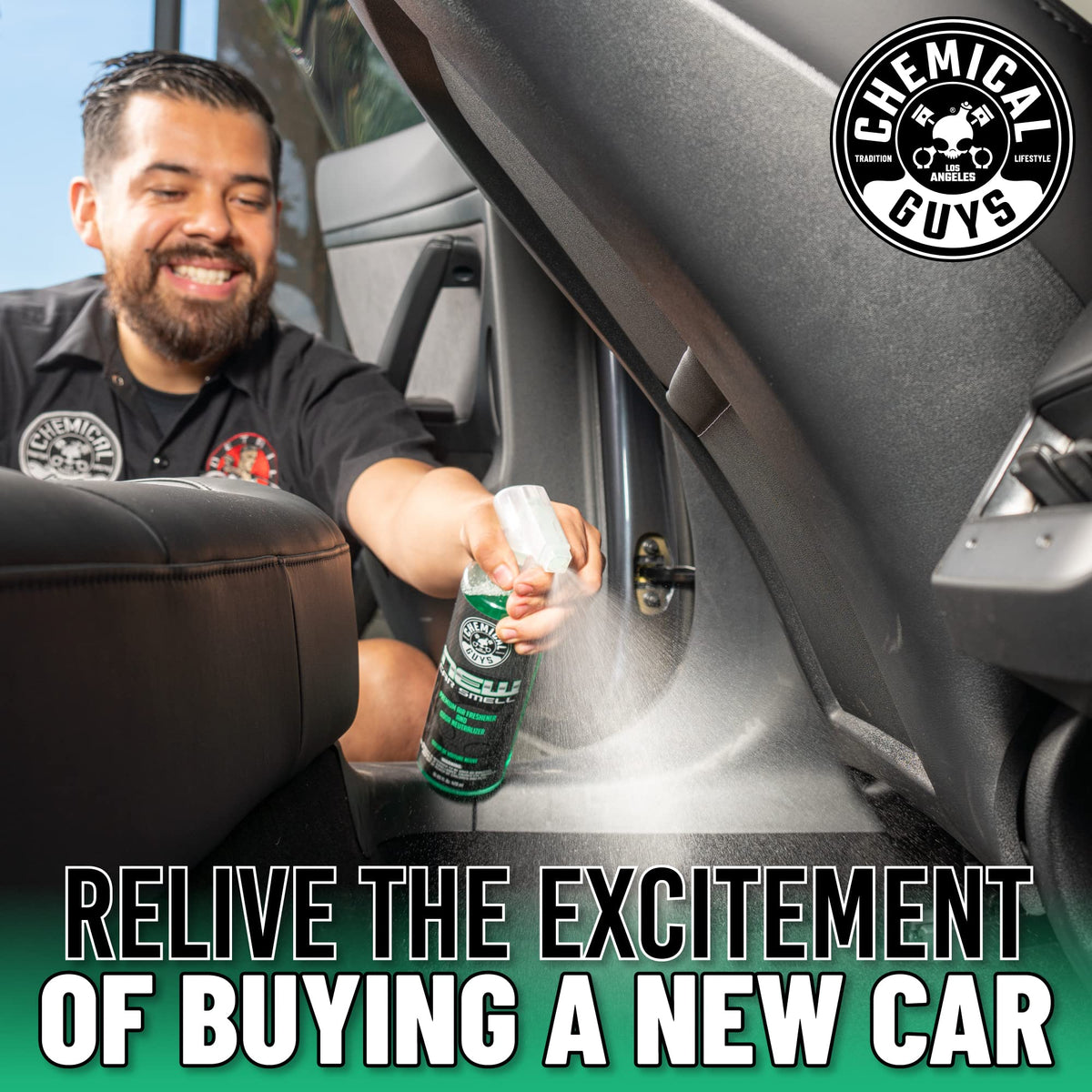 Chemical Guys spray nozzle releasing fine mist, delivers controlled scent application