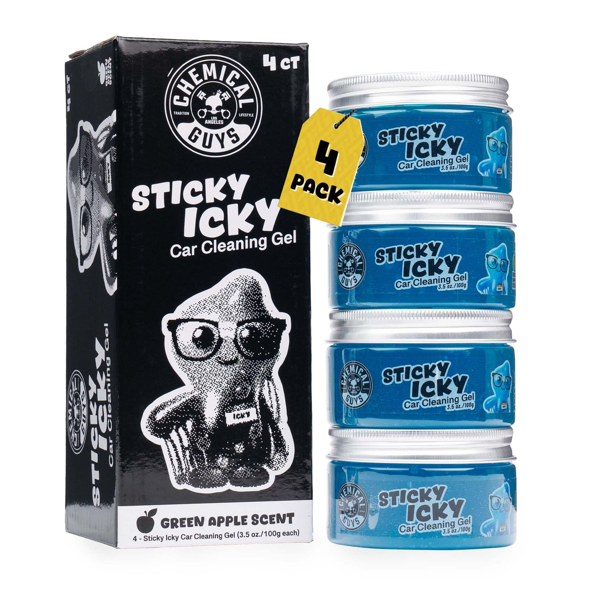 Chemical Guys front packaging showing four green apple gel jars and value