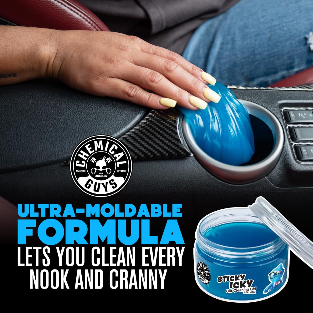 Chemical Guys jar placed in cup holder for quick in-car cleanup convenience
