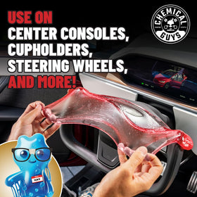Chemical Guys gel in a clean car interior showing tidy console and fresh scent