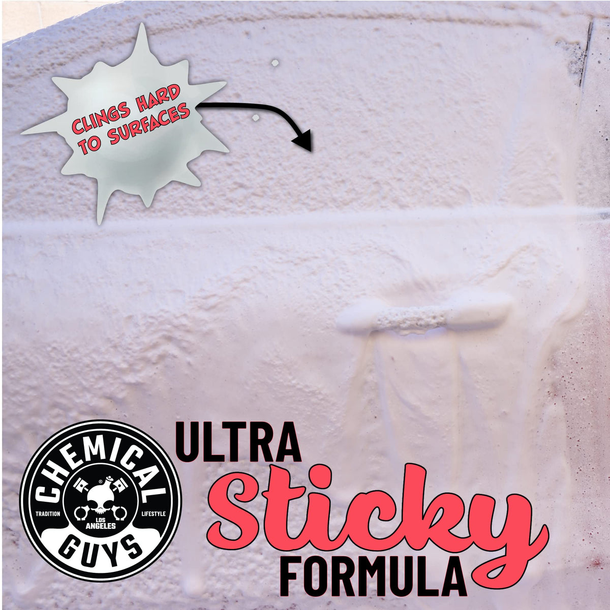 Chemical Guys foam applied to car door panel illustrating gentle cleaning and gloss enhancement