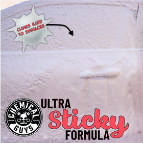Chemical Guys foam applied to car door panel illustrating gentle cleaning and gloss enhancement