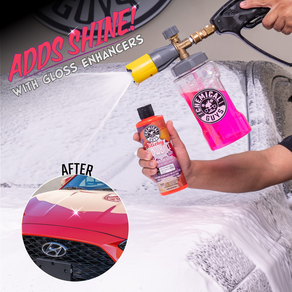 Chemical Guys foam cannon spraying dense foam on vehicle delivering prolonged contact time