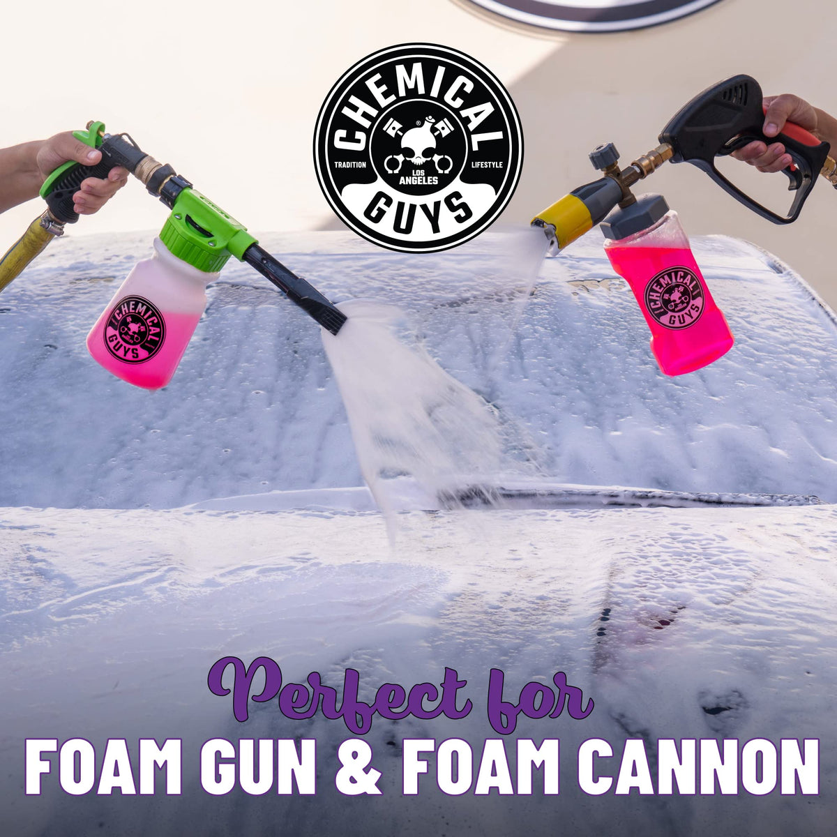 Chemical Guys thick cherry foam texture on mitt showing clinging suds that lift dirt safely