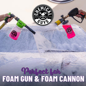 Chemical Guys thick cherry foam texture on mitt showing clinging suds that lift dirt safely