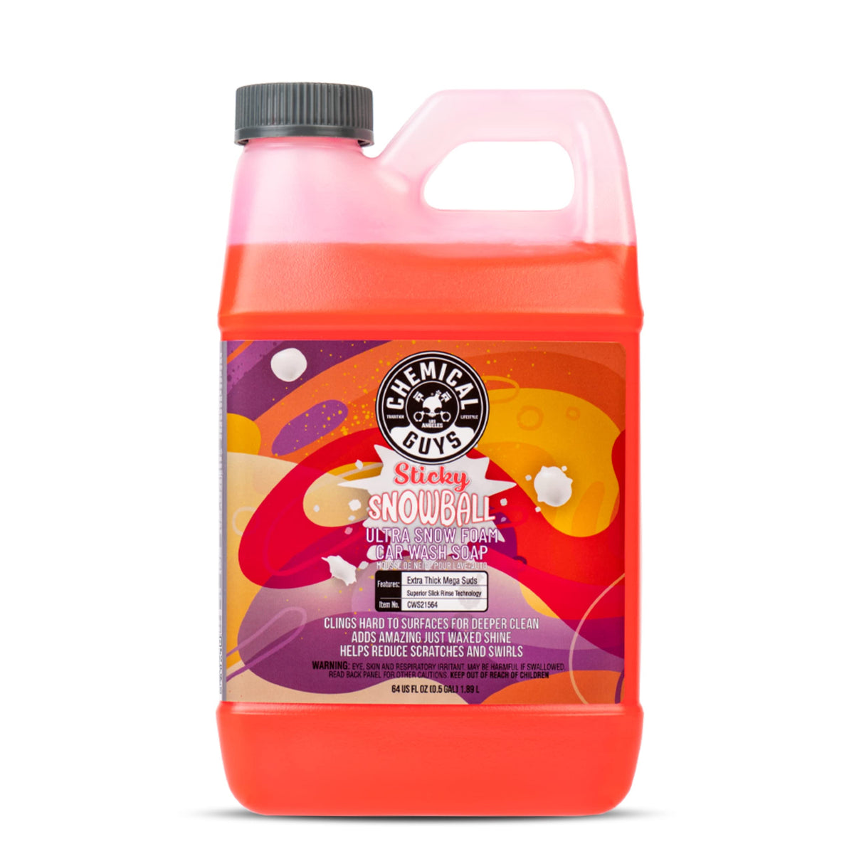 Chemical Guys bottle front view showing label and cherry scent, highlights concentrated foam benefit
