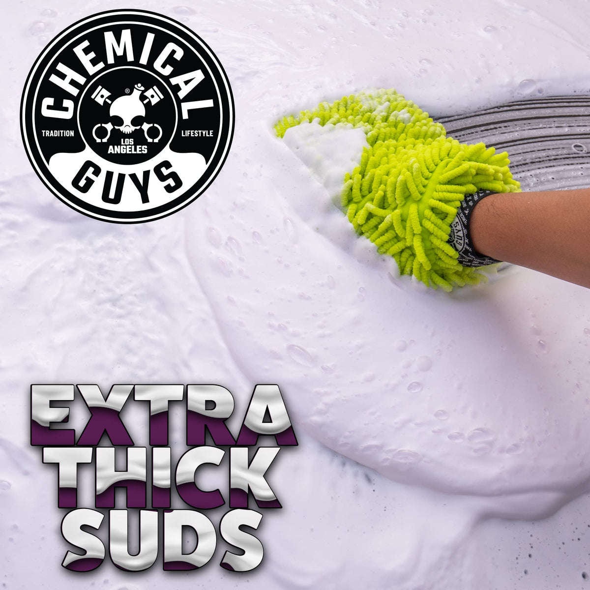 Mixing Chemical Guys soap with warm water in bucket, illustrating easy dilution and foaming