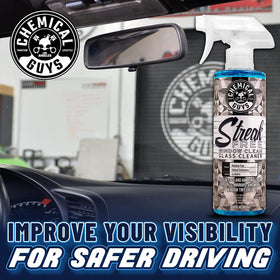 Chemical Guys streak-free glass cleaner being sprayed on a mirror for clarity