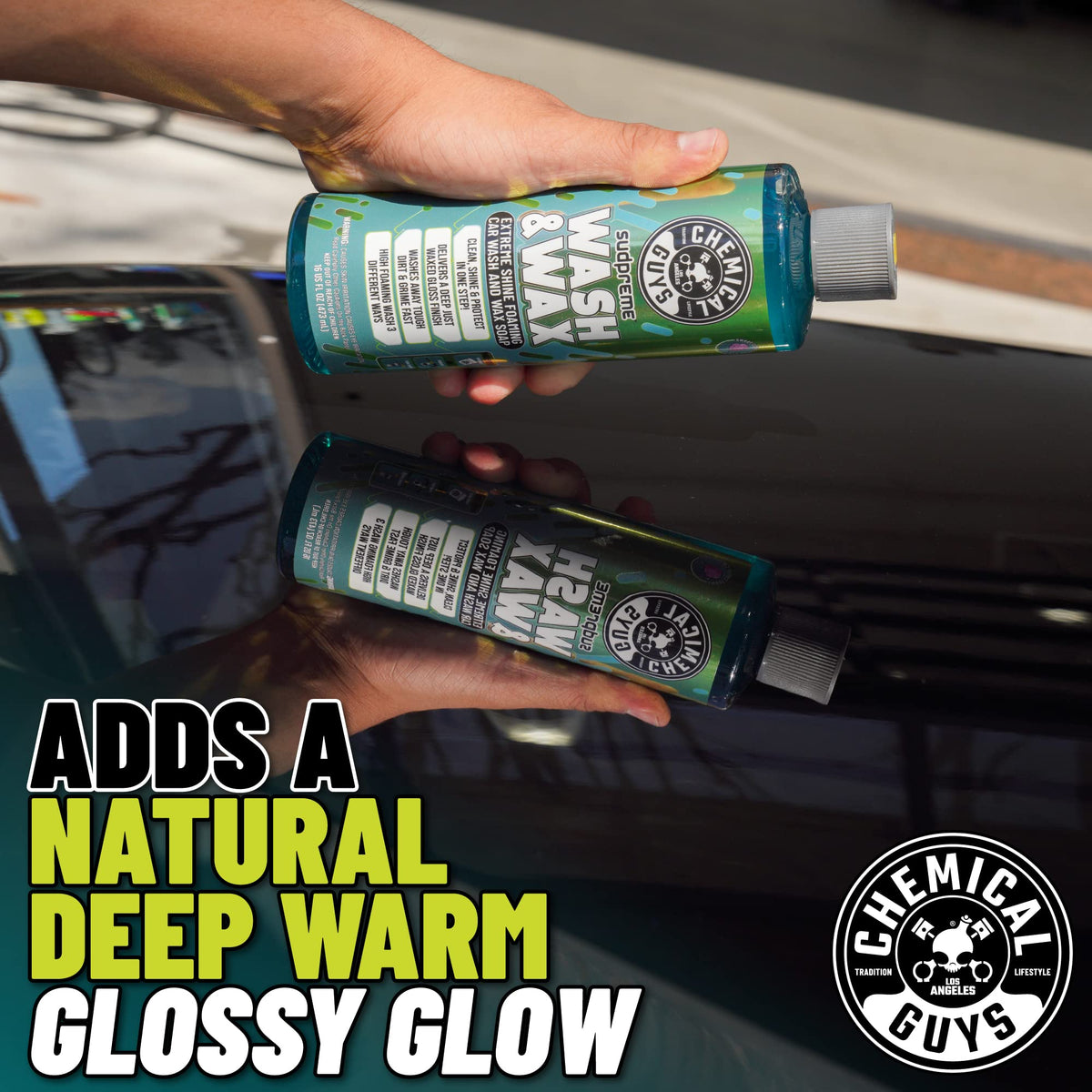 Chemical Guys before and after finish comparison showing enhanced gloss benefit