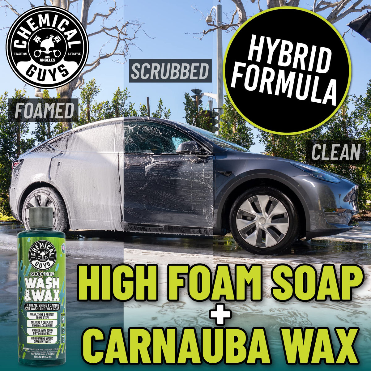 Chemical Guys label detail highlighting carnauba formula and features benefit