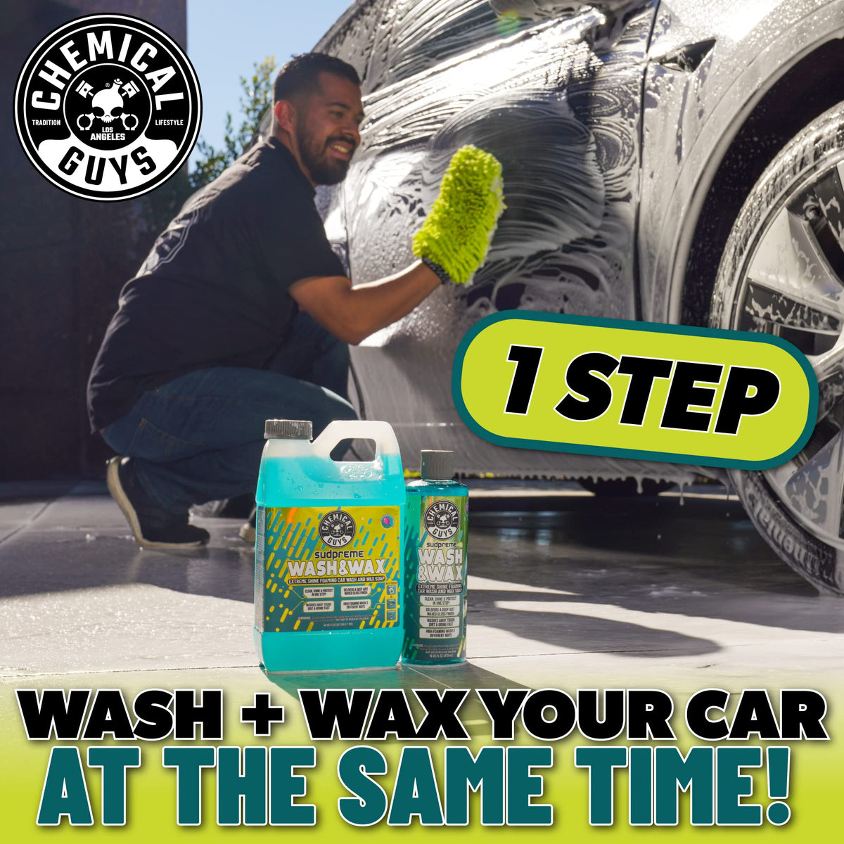 Chemical Guys suds on wash mitt cleaning a door panel with low-scratch benefit