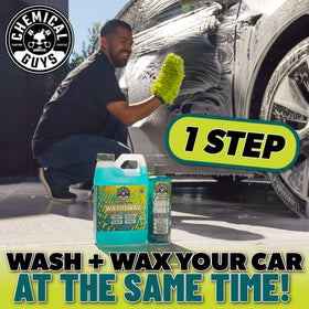 Chemical Guys suds on wash mitt cleaning a door panel with low-scratch benefit