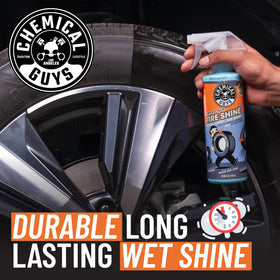 Chemical Guys spray action on tire delivering quick, even application benefit
