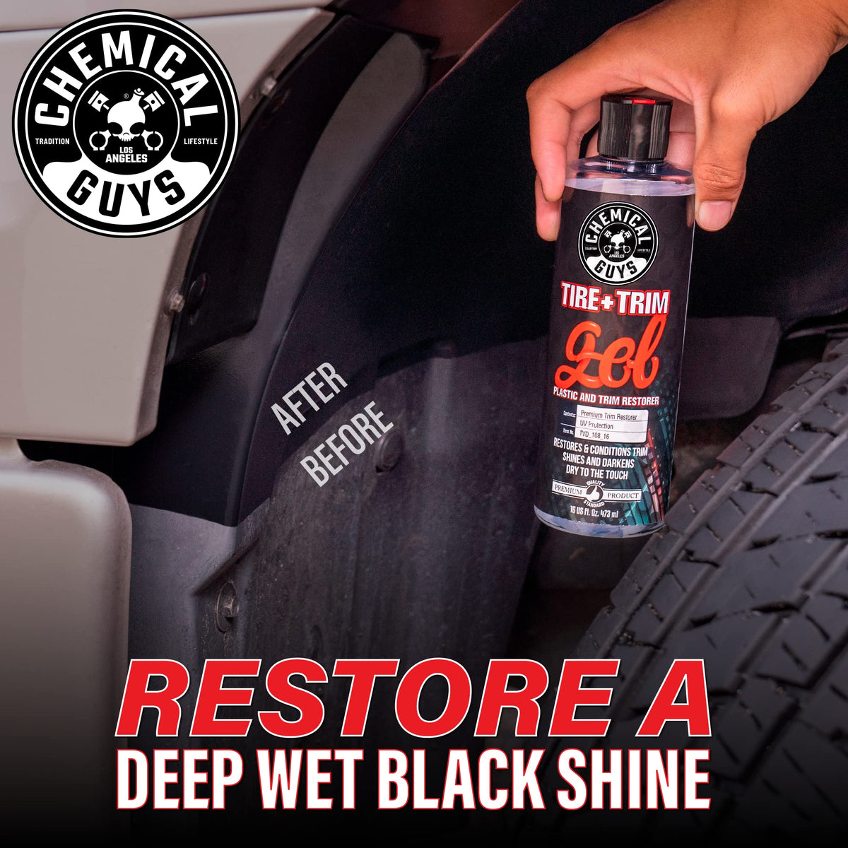 Chemical Guys gel finished trim on parked SUV showing showroom appearance outdoors