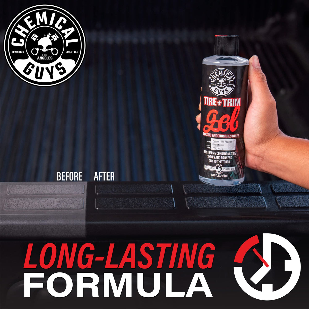 Chemical Guys gel applied to tire sidewall showing restored deep black shine