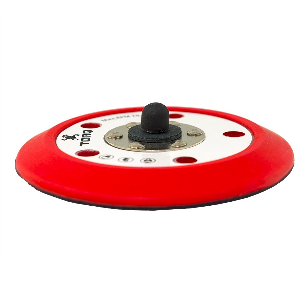 Chemical Guys TORQ R5 mounted on a dual-action polisher demonstrating reduced heat and secure attachment