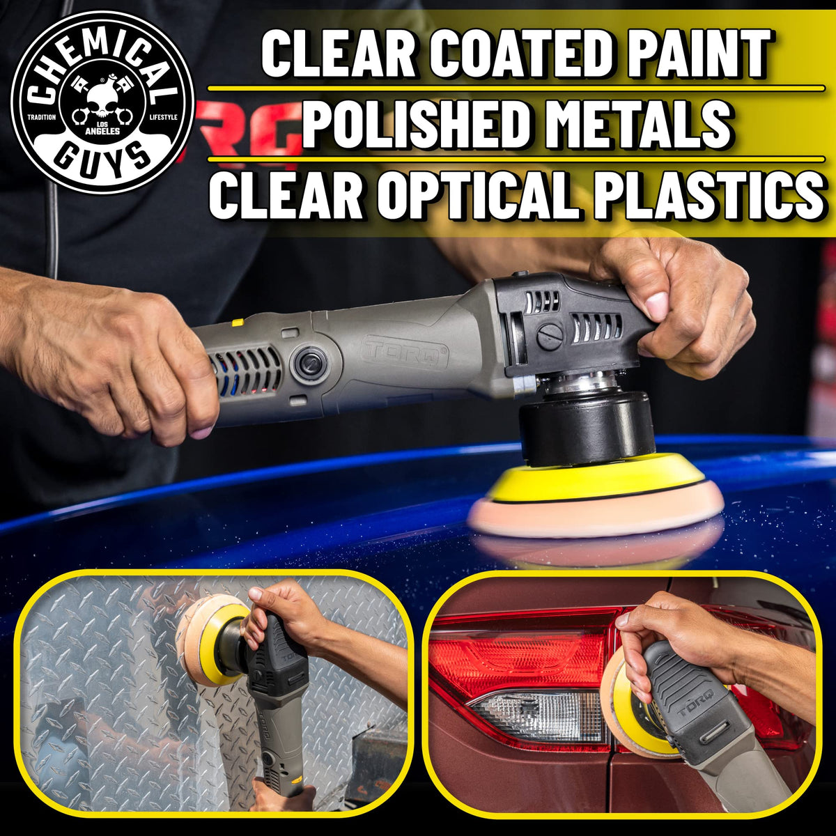 Chemical Guys TORQX polisher in use on car door demonstrating safe swirl reduction and gloss restoration