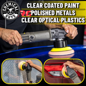 Chemical Guys TORQX polisher in use on car door demonstrating safe swirl reduction and gloss restoration