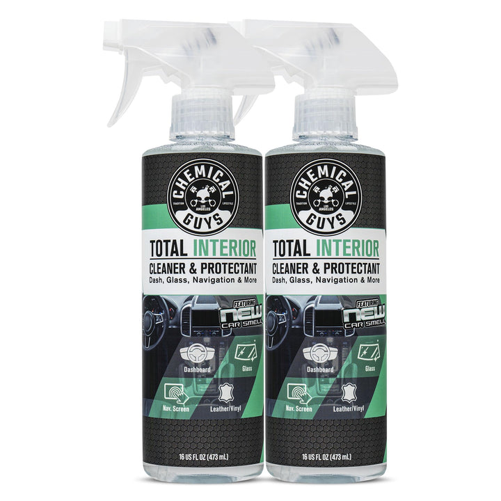 Chemical Guys bottle front view showing label and new car scent benefit