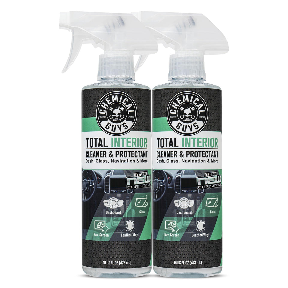 Chemical Guys bottle front view showing label and new car scent benefit